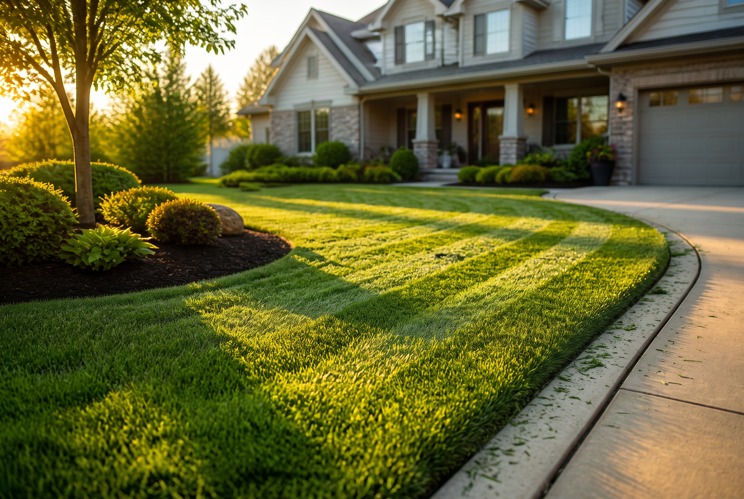 Freshly mowed suburban lawn at golden hour